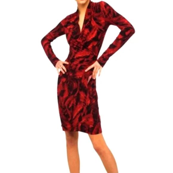 NORMA KAMALI Red & Black Feather Print Faux Wrap Stretch Dress   Women's Size L - Picture 1 of 10